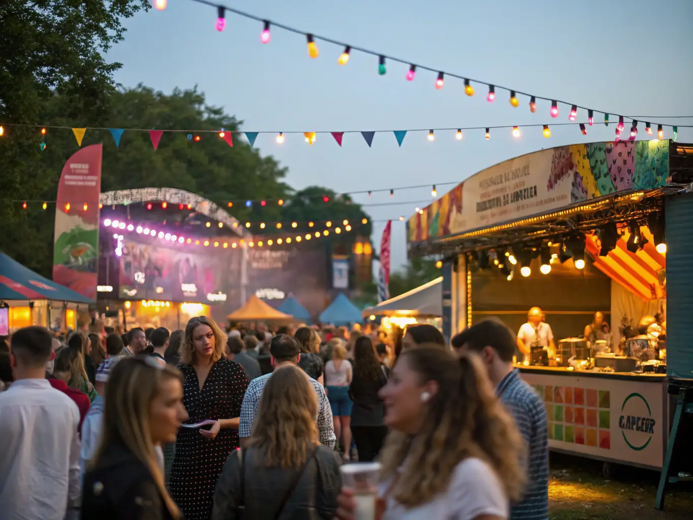 A group of people enjoying a local festival with music and food stalls.