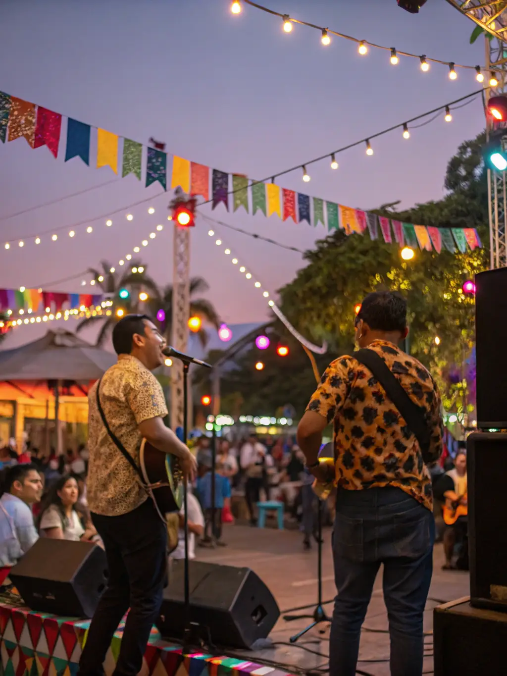 A vibrant photograph capturing the excitement of the annual 'Fête de la Musique' event organized by COMITE DES FETES FONTENAY, showcasing musicians performing outdoors and community members enjoying the music.